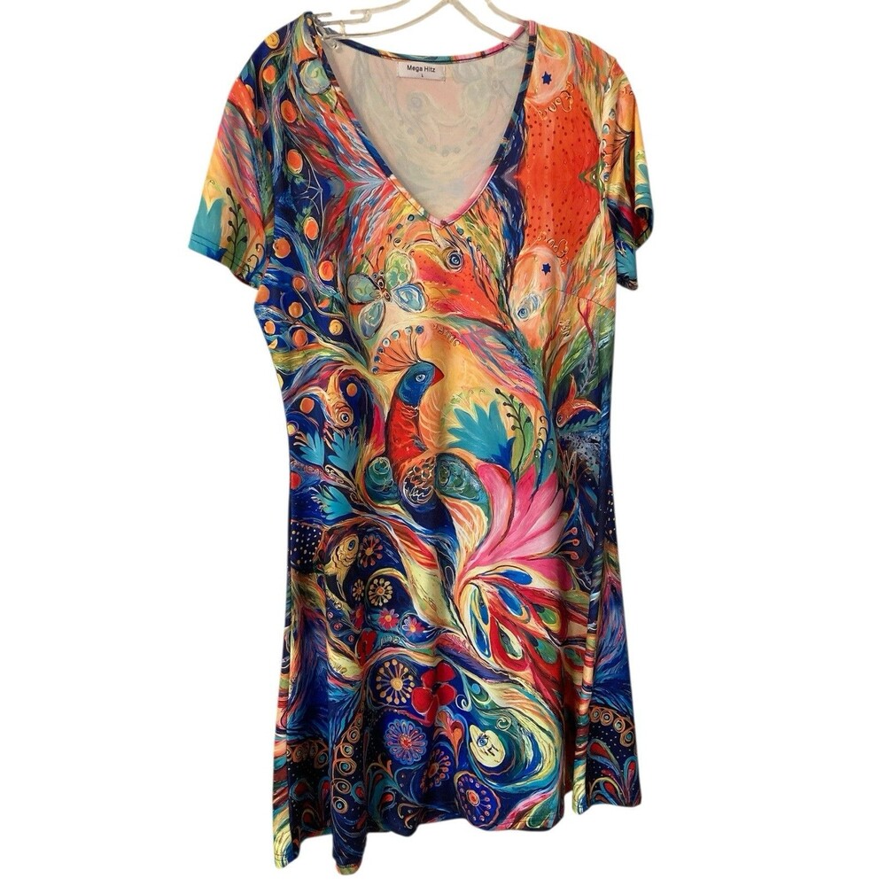 Mega Hitz Vibrant Bold Bird Dress Women's Size Large  EXCELLENT COND. Stretch
